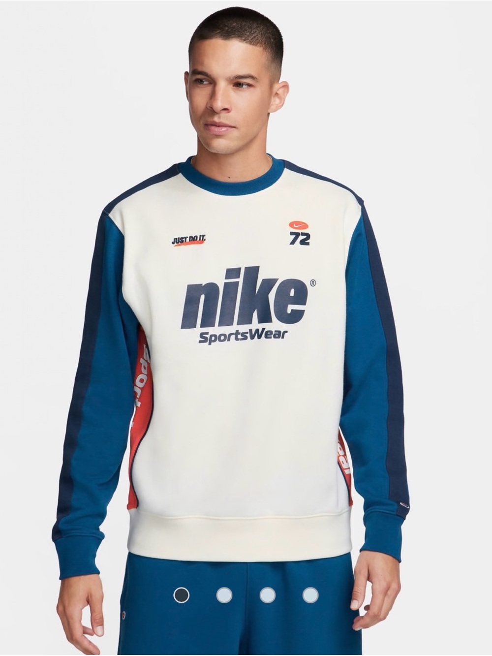 Nike Sportswear Club Circuit Crewneck Sweatshirt in Sail, Blue, and Red Small